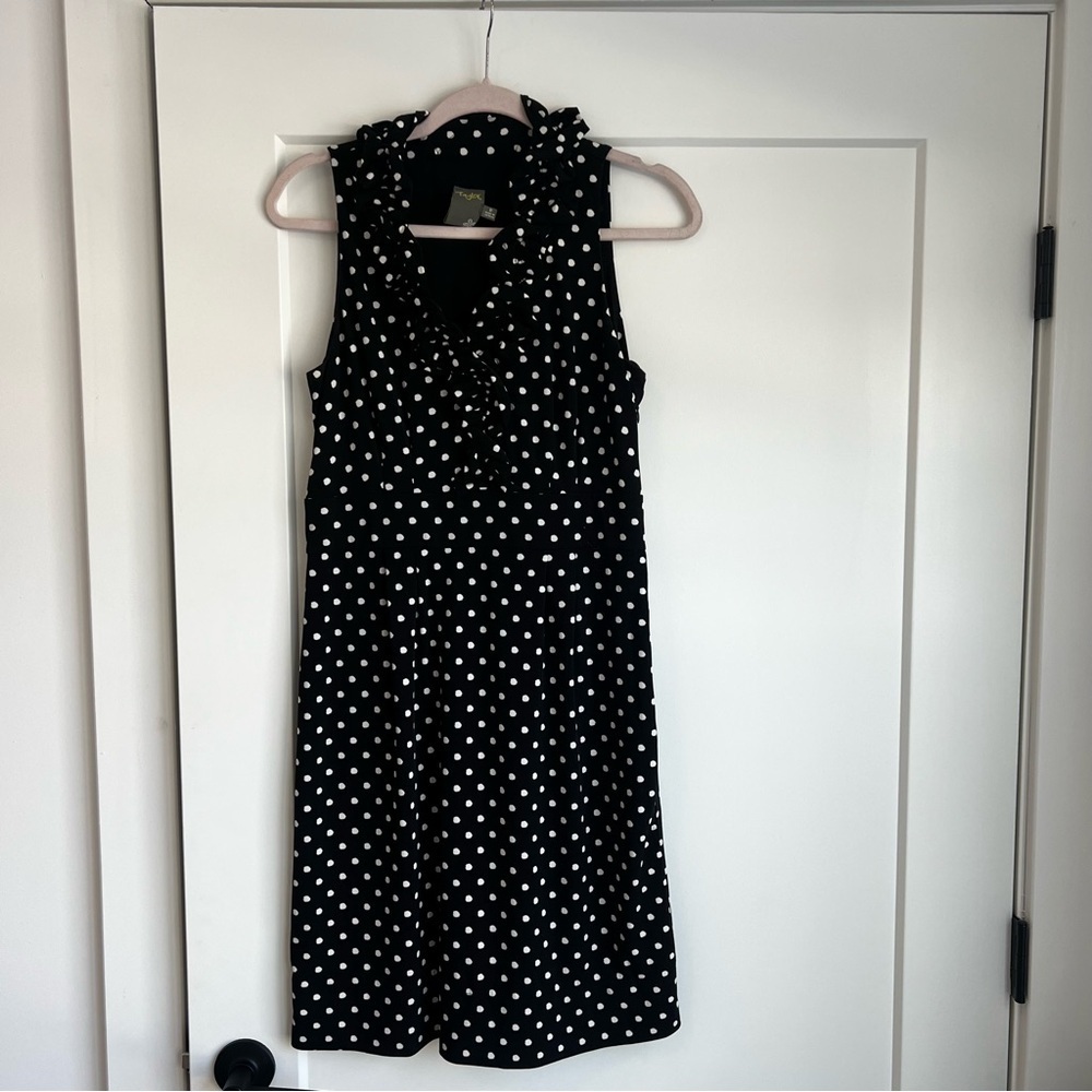 Taylor Sleeveless Black and White Polka Dot Ruffle Neck Dress - Picture 4 of 10